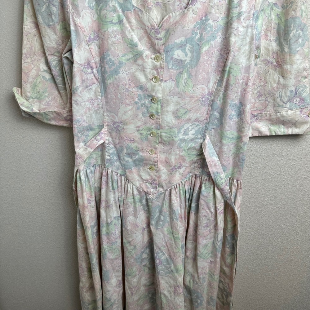 Floral Vintage Prairie Cottagecore Midi Dress Sm Pastel Pink Blue Dropped Waist - Picture 12 of 12